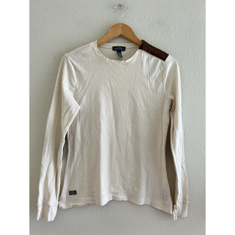 Vtg Ralph Lauren LRL Elbow Patch Shirt L Fits S/M Shoulder Zipper Cream Knit
